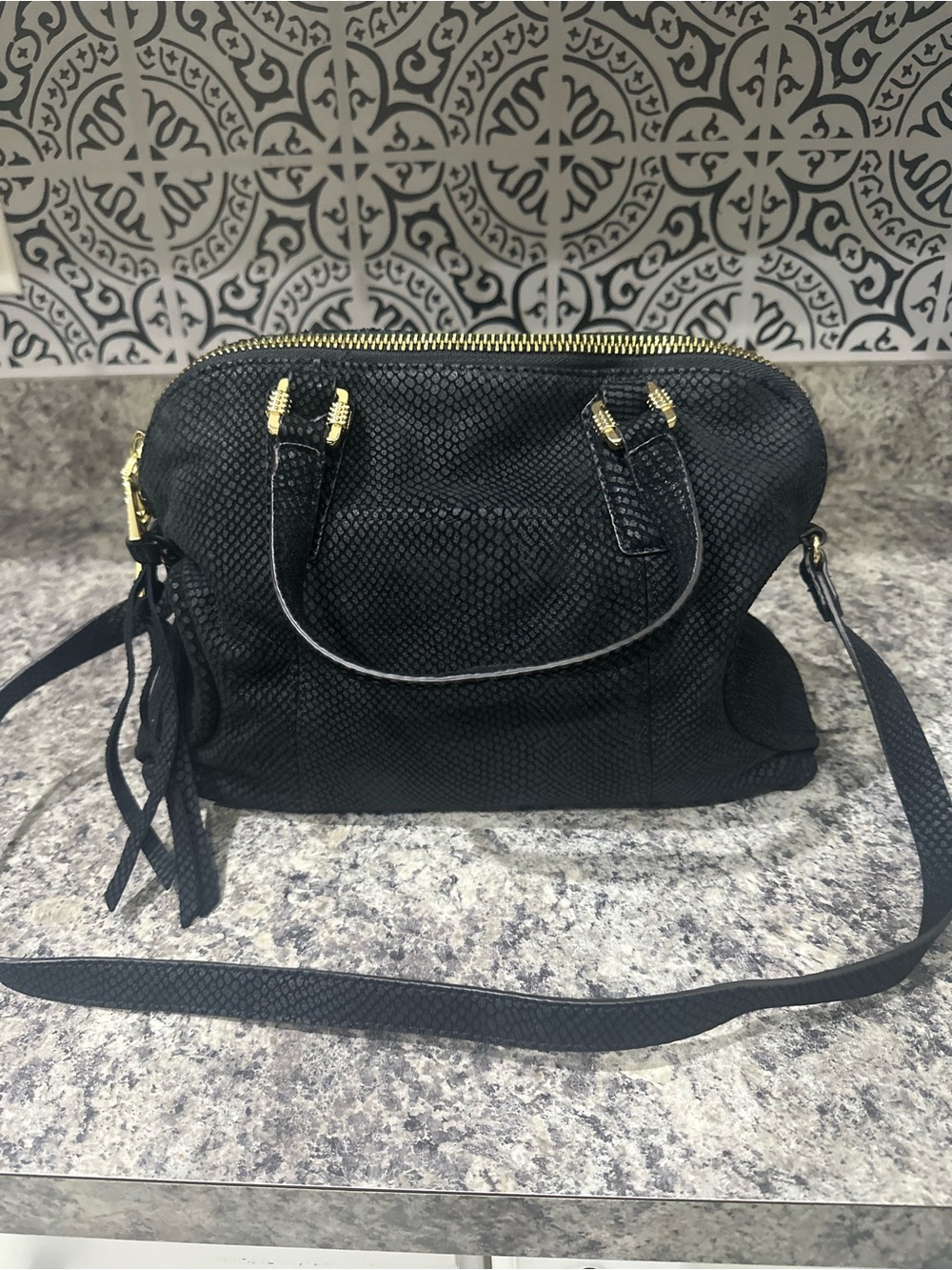 Aimee Kestenberg snakeskin Textured Dome Crossbody Satchel Purse w Gold Hardware